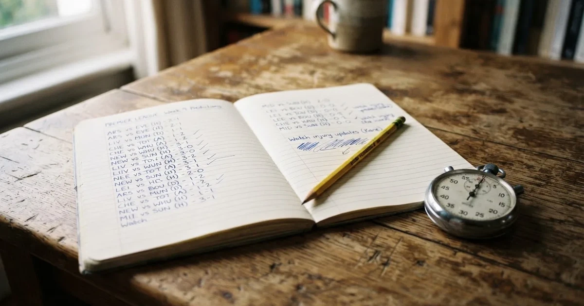 An open notebook with a pencil and a stopwatch on a wooden table
