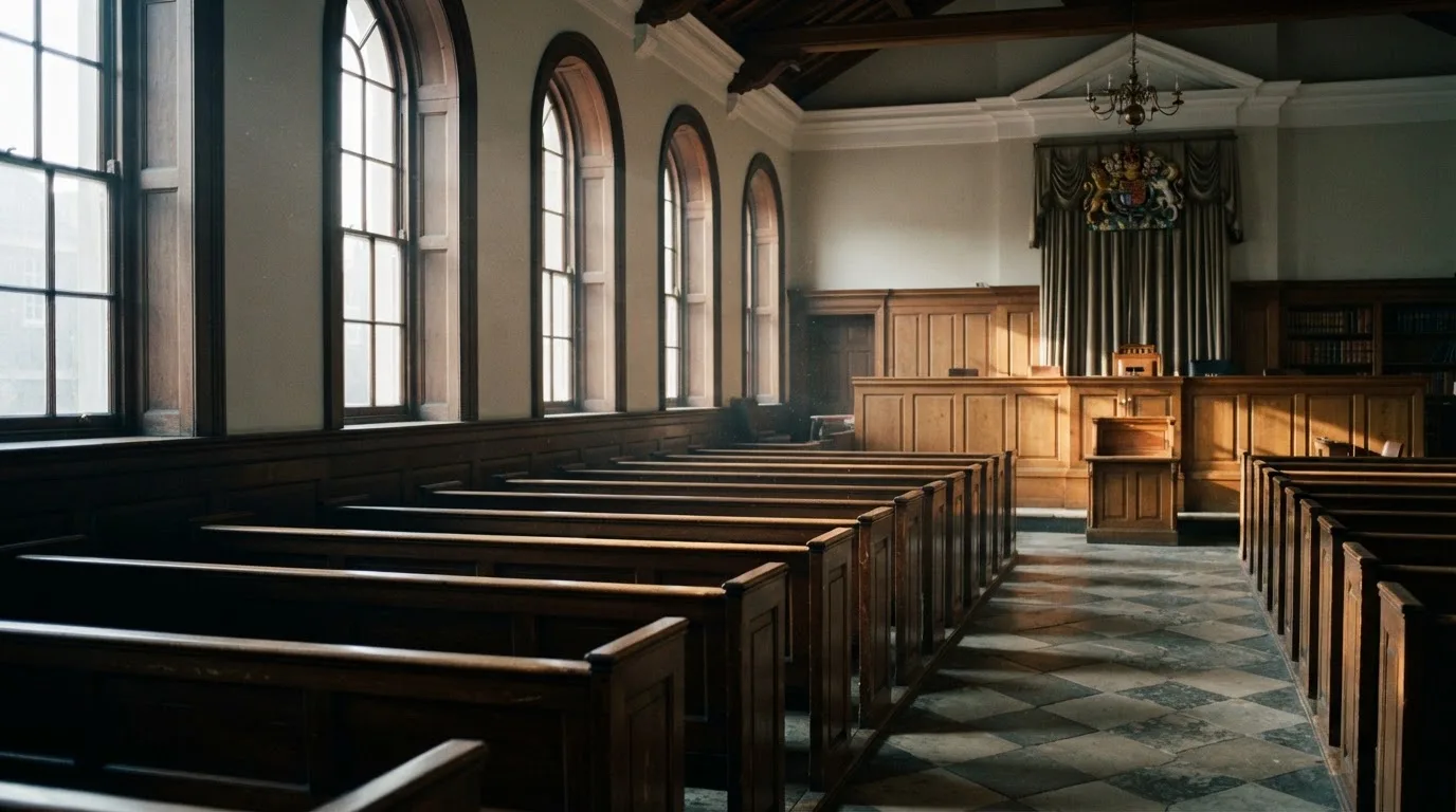 An empty courtroom with wooden benches in morning light