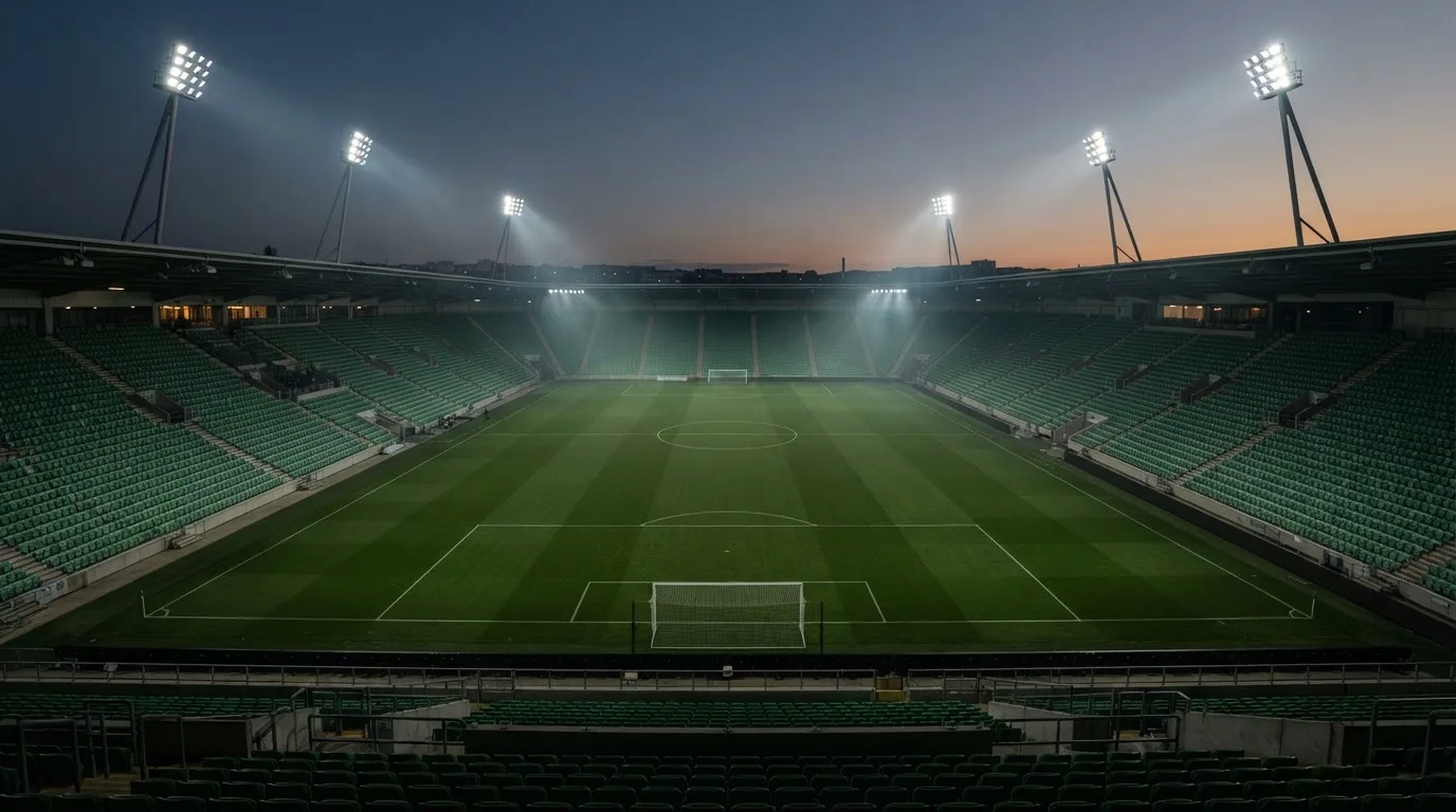 An empty football stadium with floodlight masts at dusk