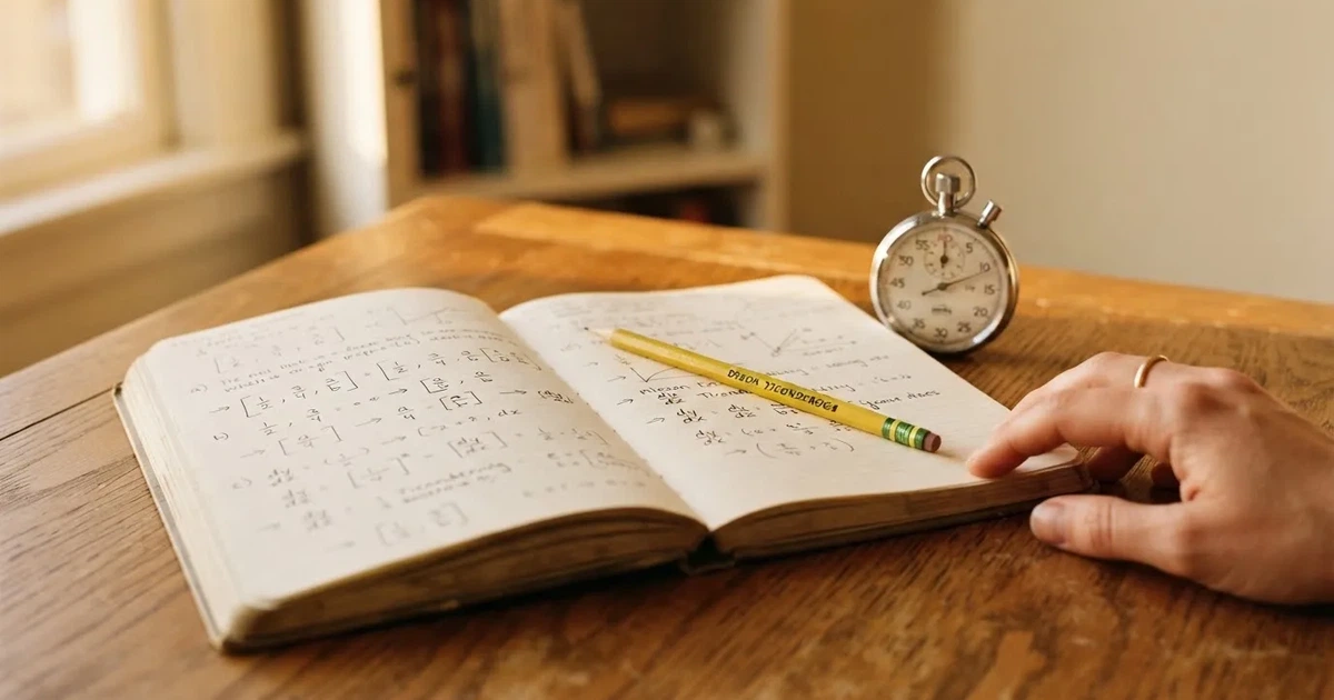 An open notebook with a pencil and a stopwatch on a wooden table