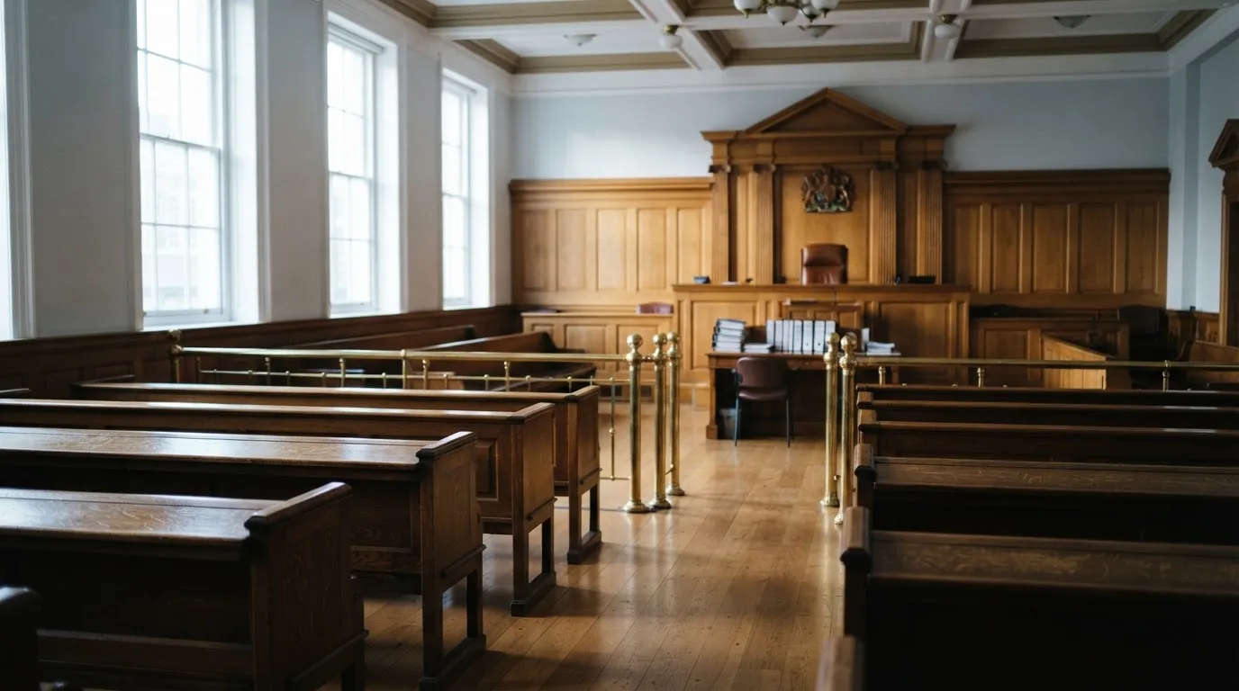 An empty courtroom with wooden benches in morning light