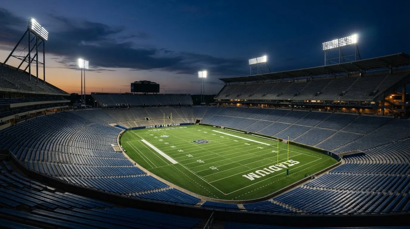 An empty football stadium with floodlight masts at dusk