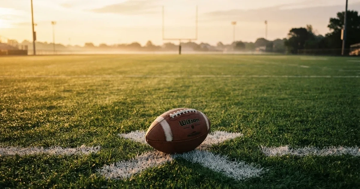 A ball on the centre spot of a grass pitch in morning light