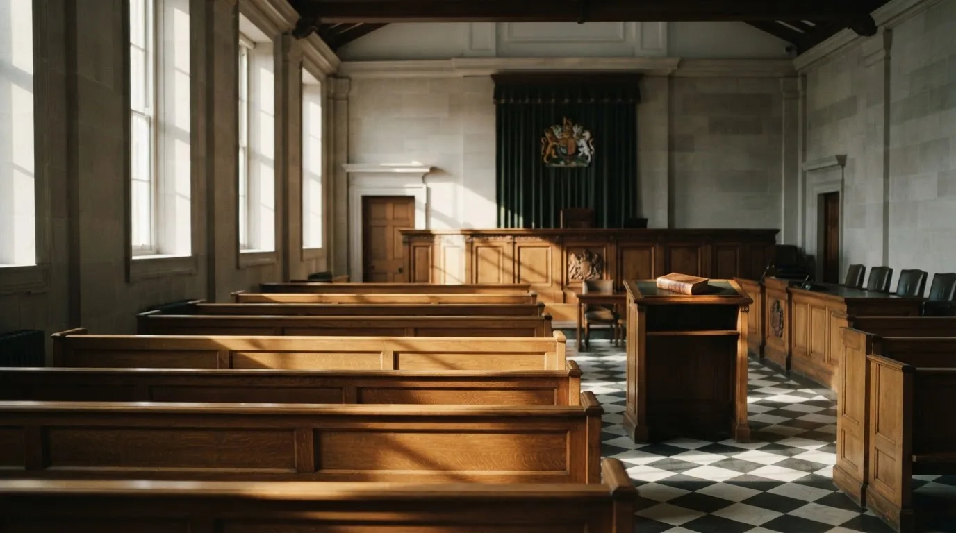 An empty courtroom with wooden benches in morning light