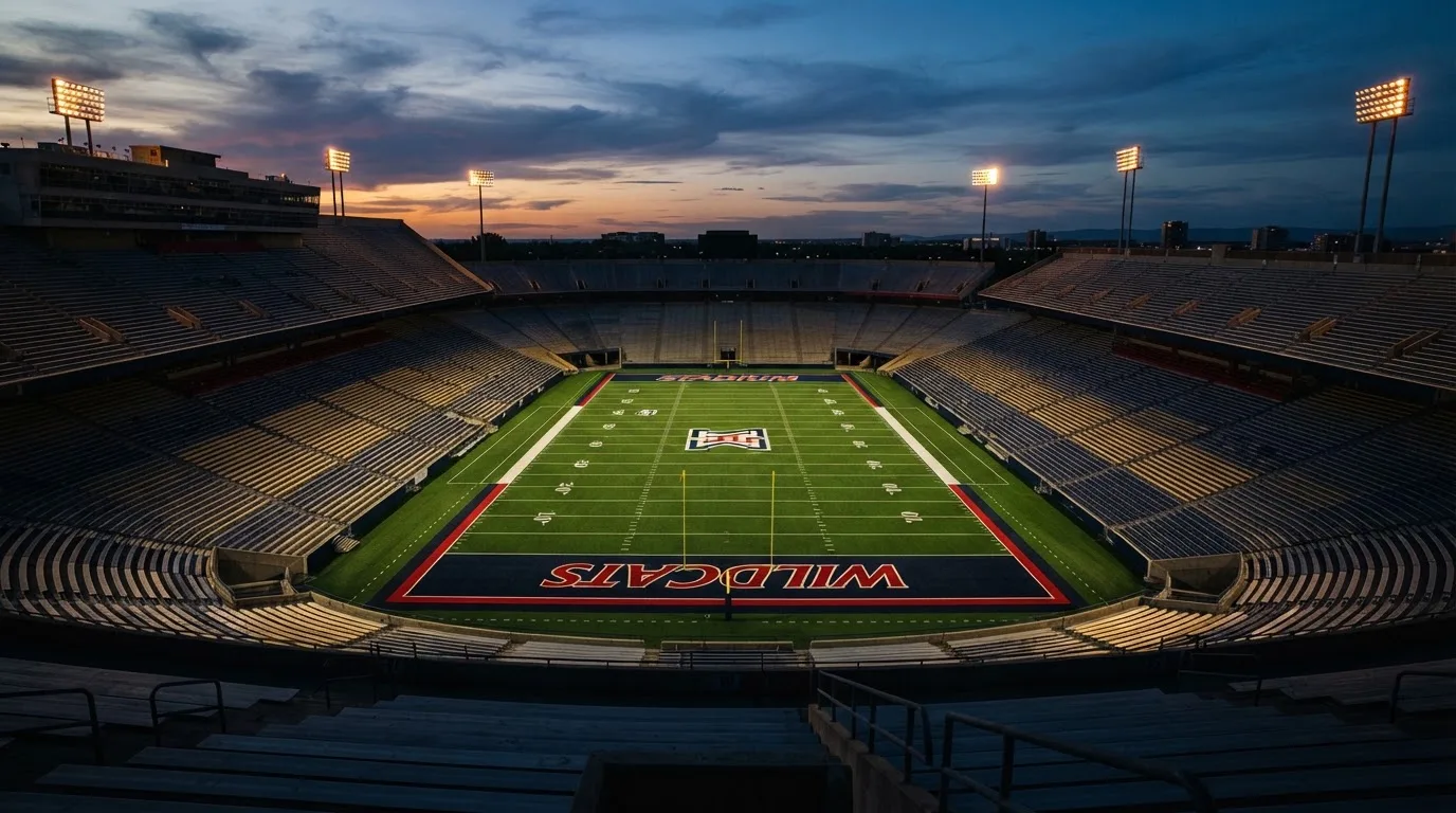 An empty football stadium with floodlight masts at dusk