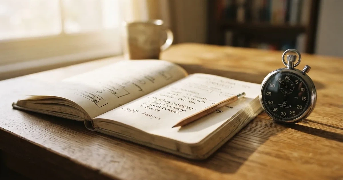 An open notebook with a pencil and a stopwatch on a wooden table