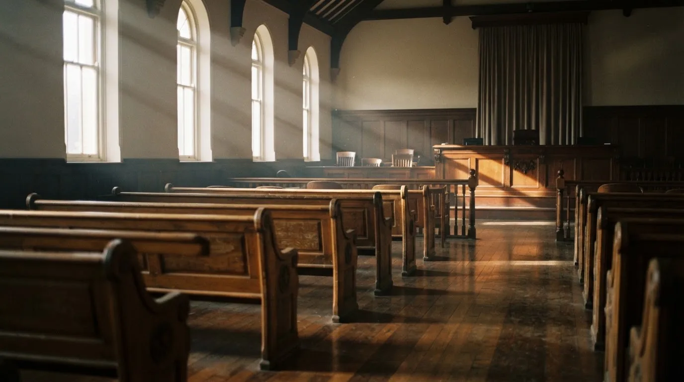 An empty courtroom with wooden benches in morning light