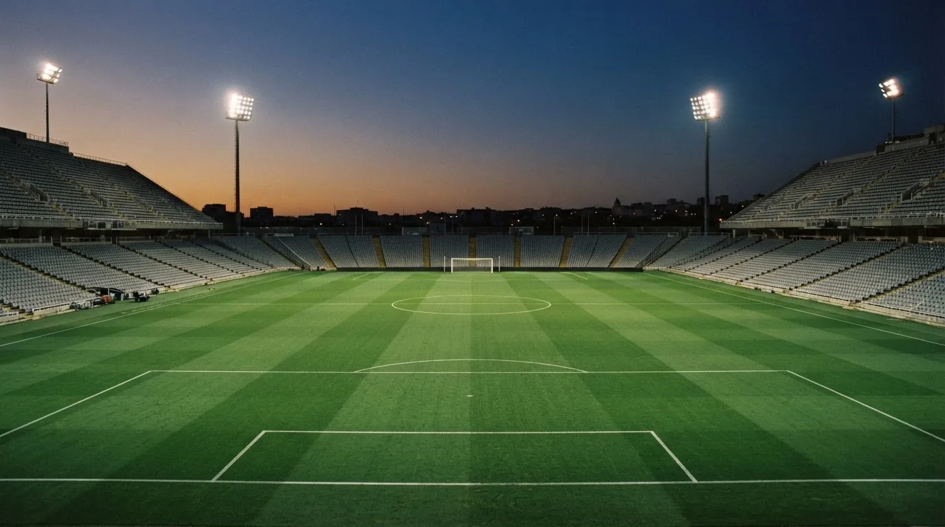 An empty football stadium with floodlight masts at dusk