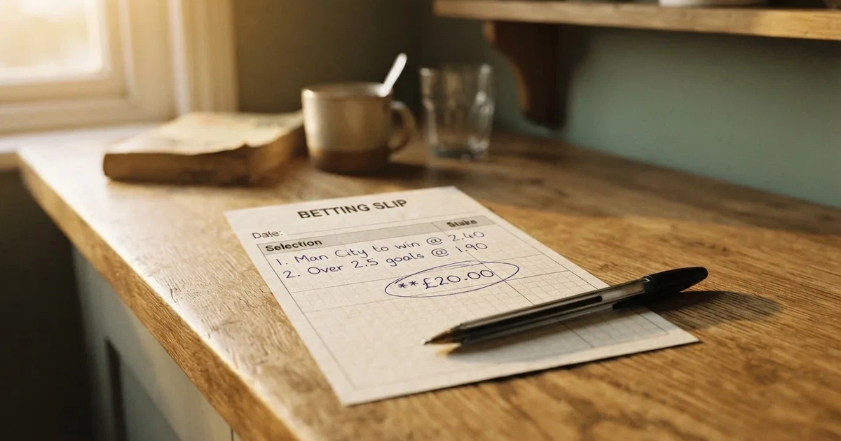 A blank paper betting slip beside a pen on a wooden counter