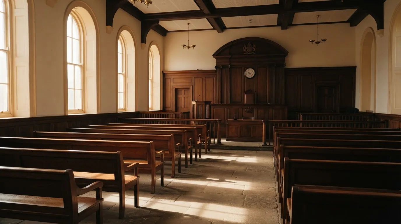 An empty courtroom with wooden benches in morning light