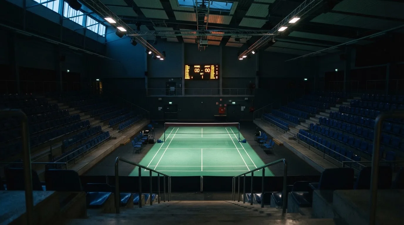 An empty football stadium with floodlight masts at dusk