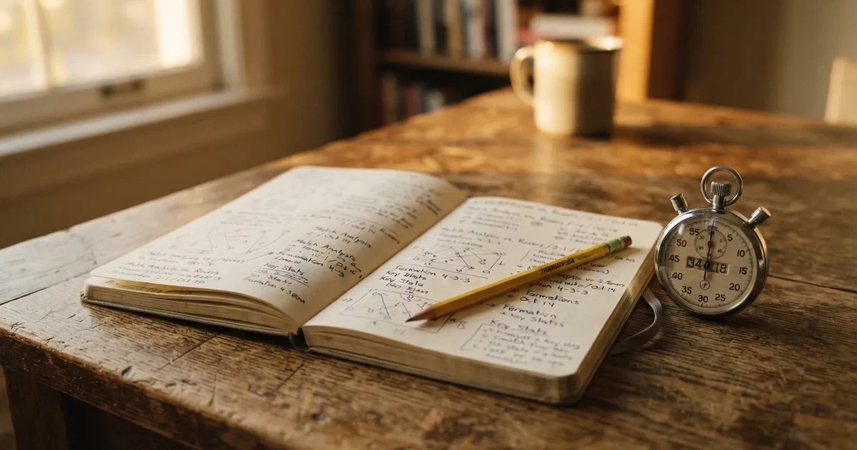 An open notebook with a pencil and a stopwatch on a wooden table
