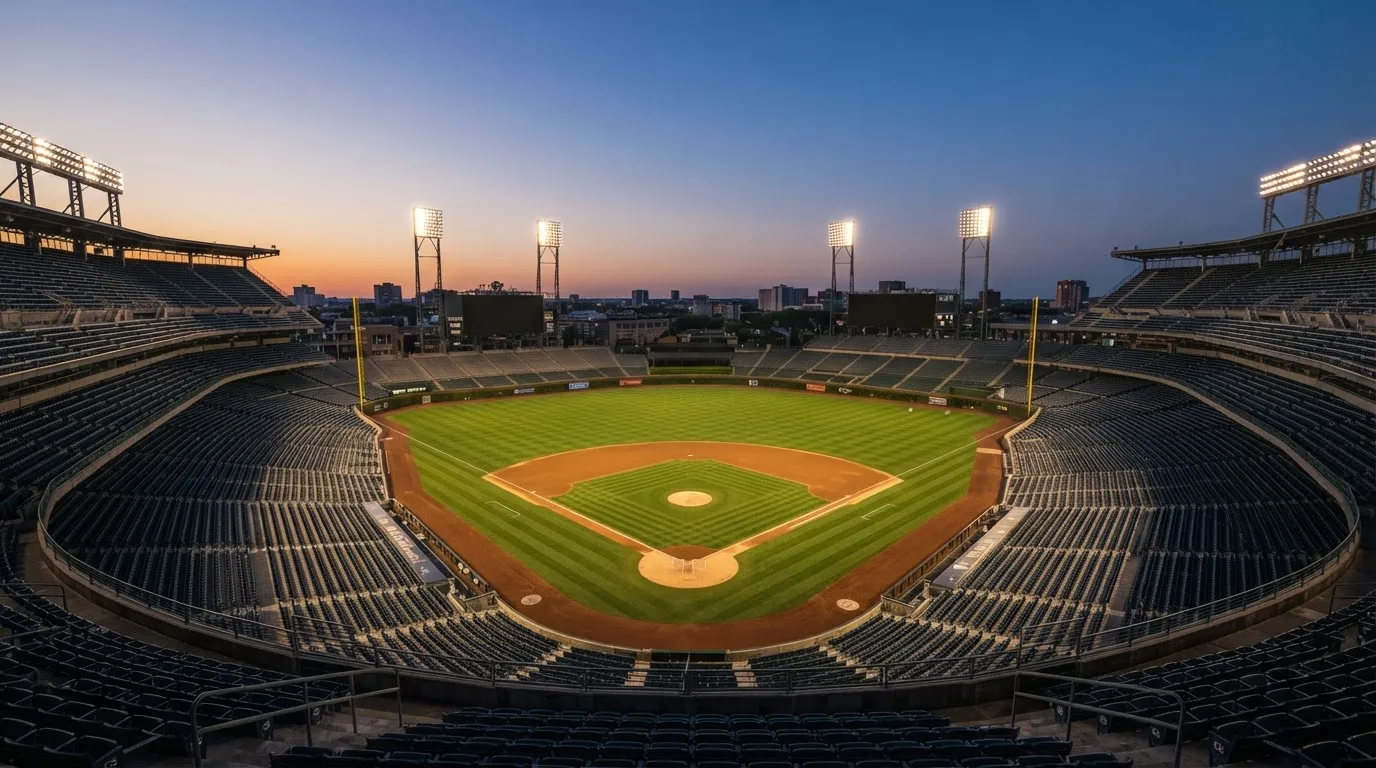 An empty football stadium with floodlight masts at dusk