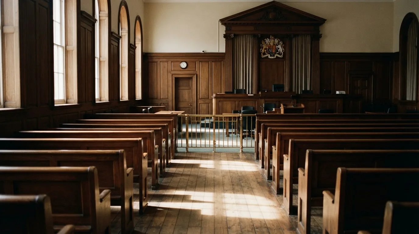 An empty courtroom with wooden benches in morning light