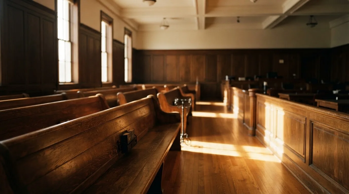An empty courtroom with wooden benches in morning light