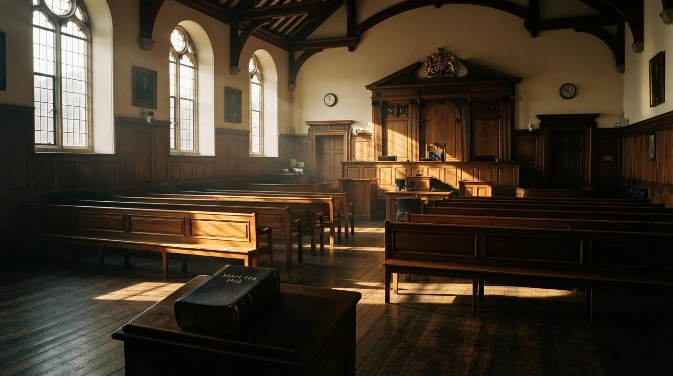An empty courtroom with wooden benches in morning light