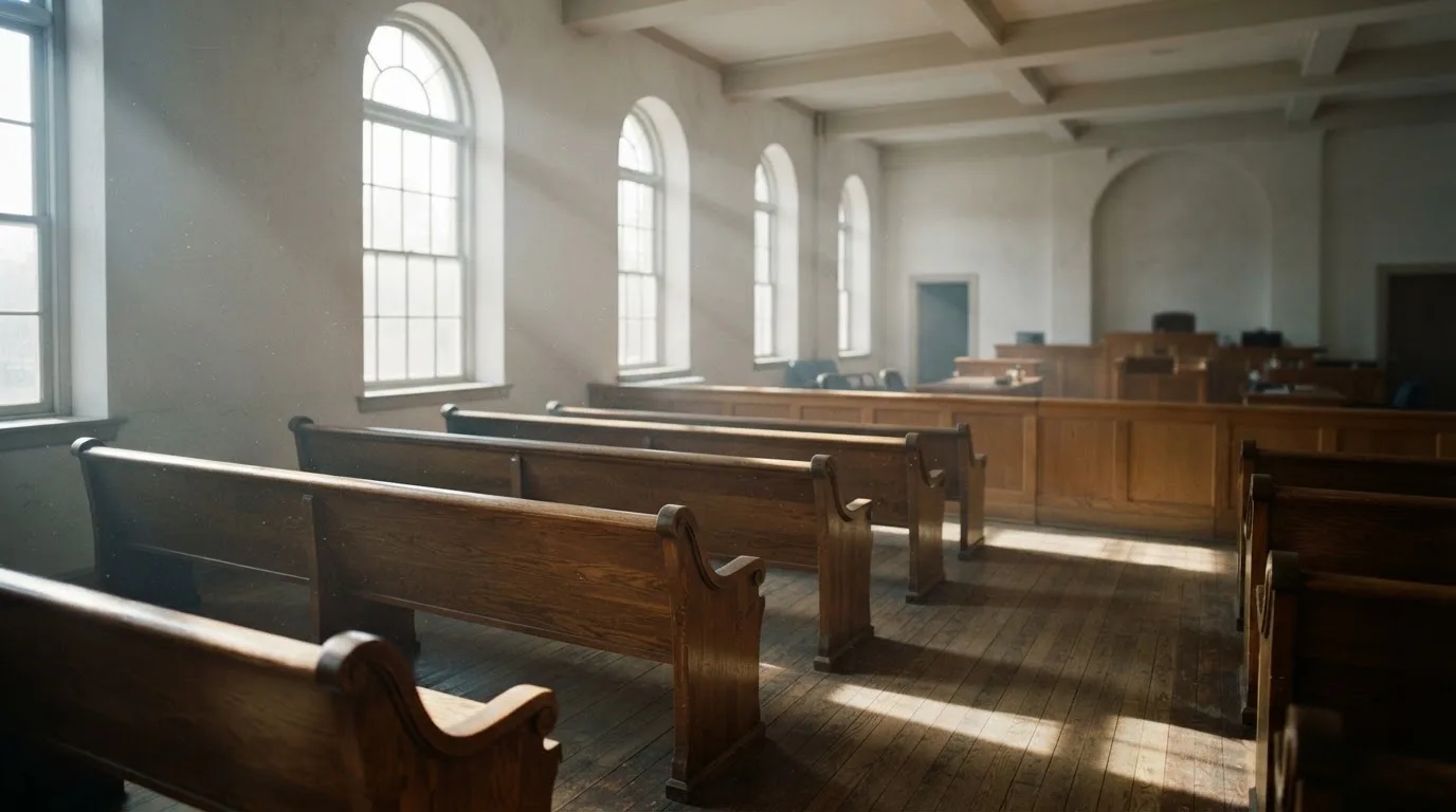 An empty courtroom with wooden benches in morning light