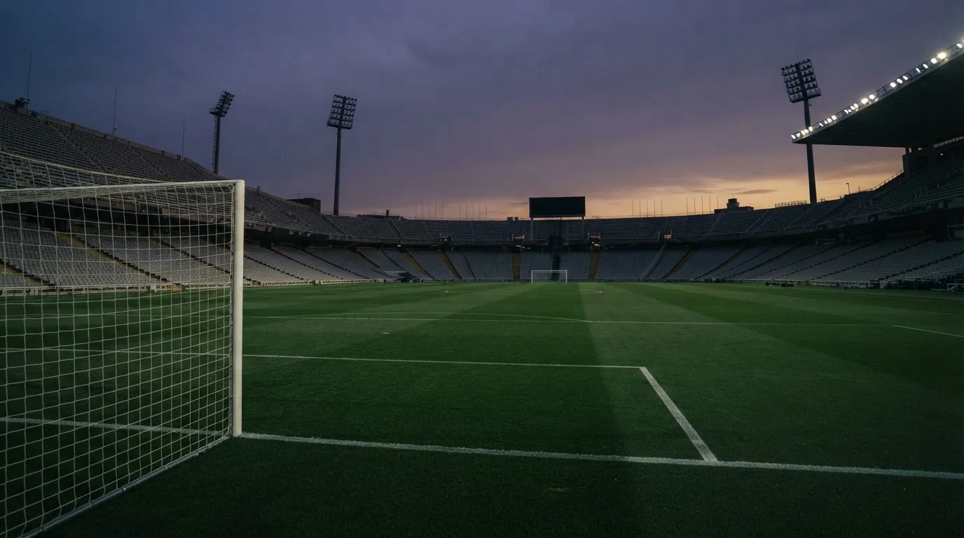 An empty football stadium with floodlight masts at dusk