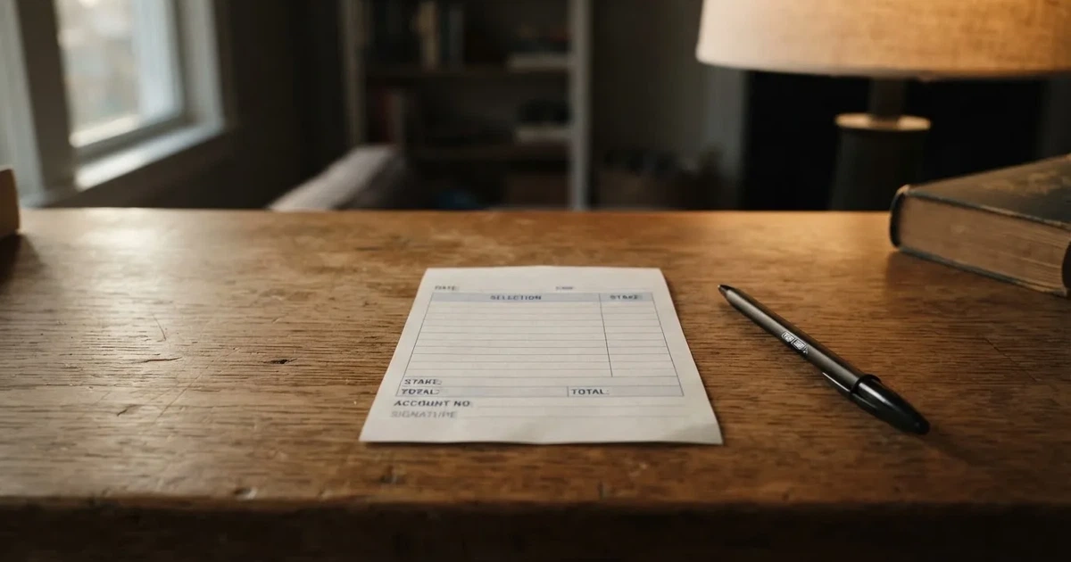 A blank paper betting slip beside a pen on a wooden counter