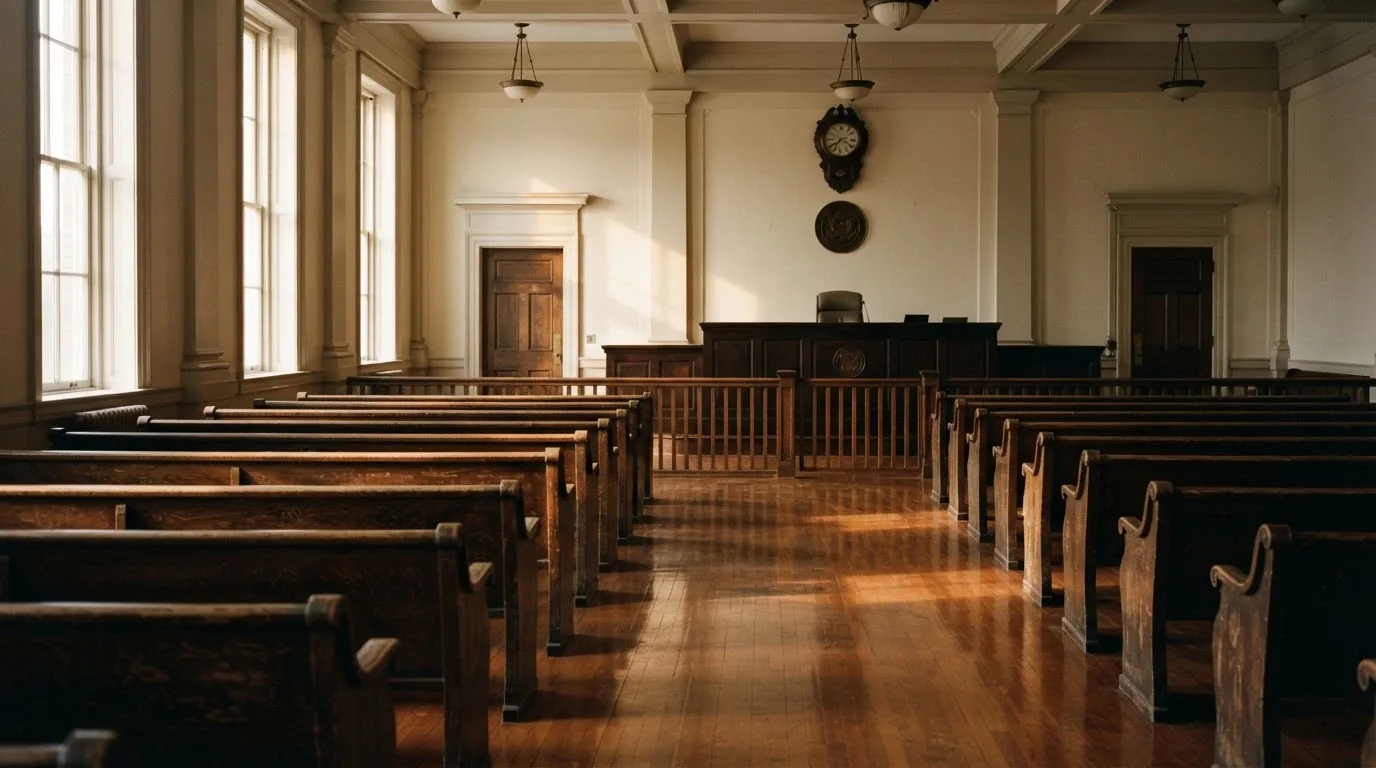 An empty courtroom with wooden benches in morning light