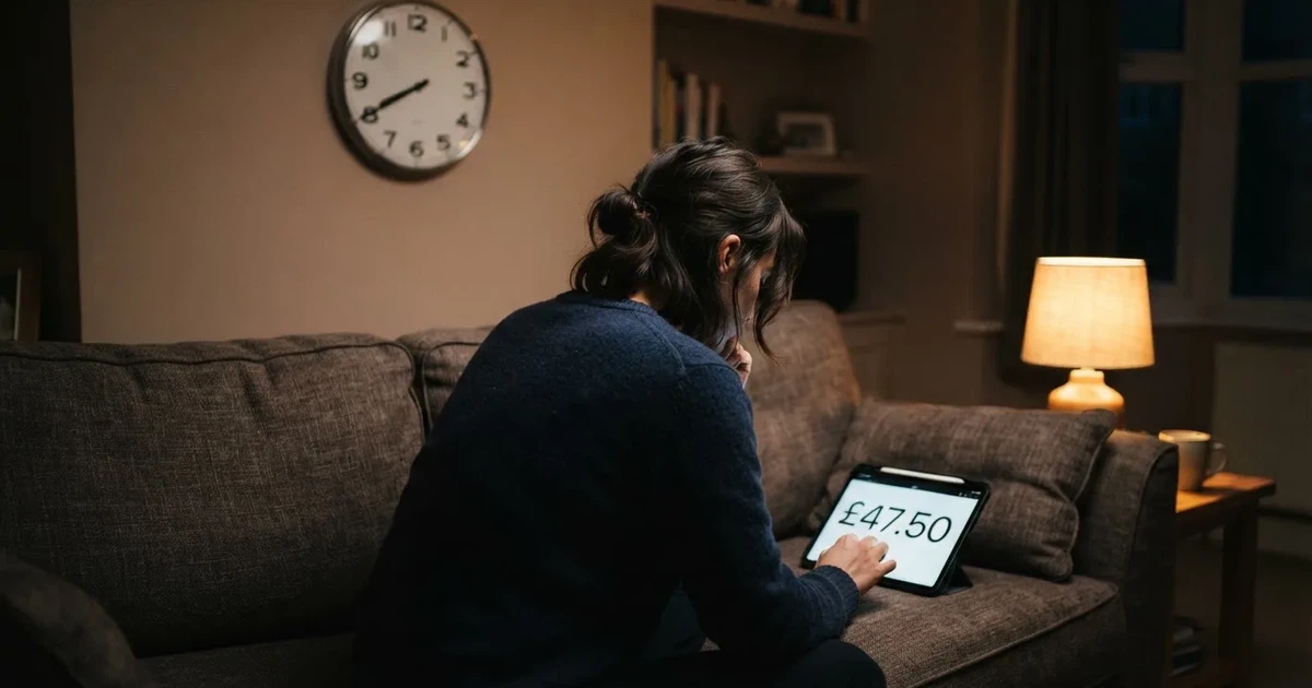 A person on a sofa looking thoughtfully at a tablet, a wall clock in the background