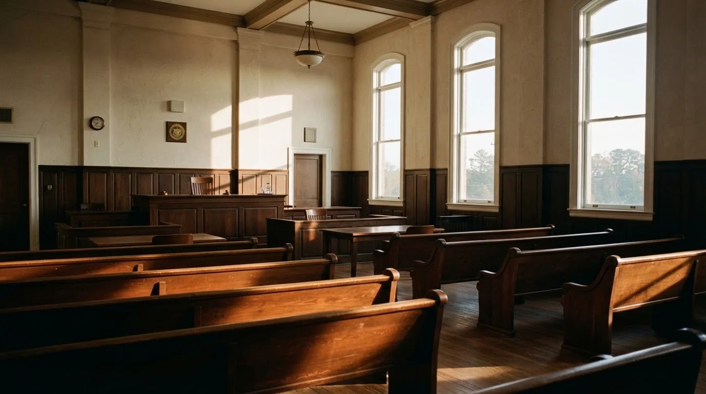 An empty courtroom with wooden benches in morning light