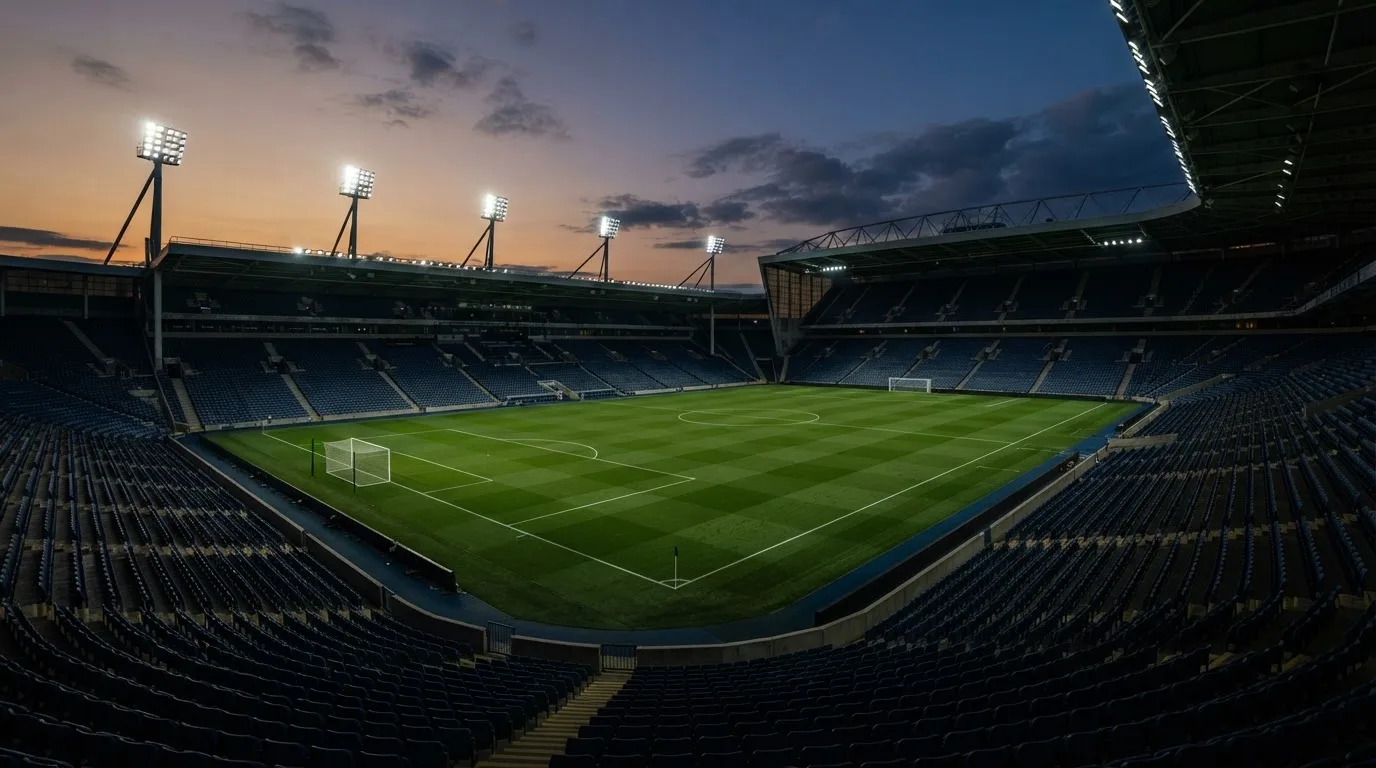 An empty football stadium with floodlight masts at dusk