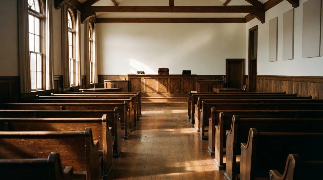 An empty courtroom with wooden benches in morning light