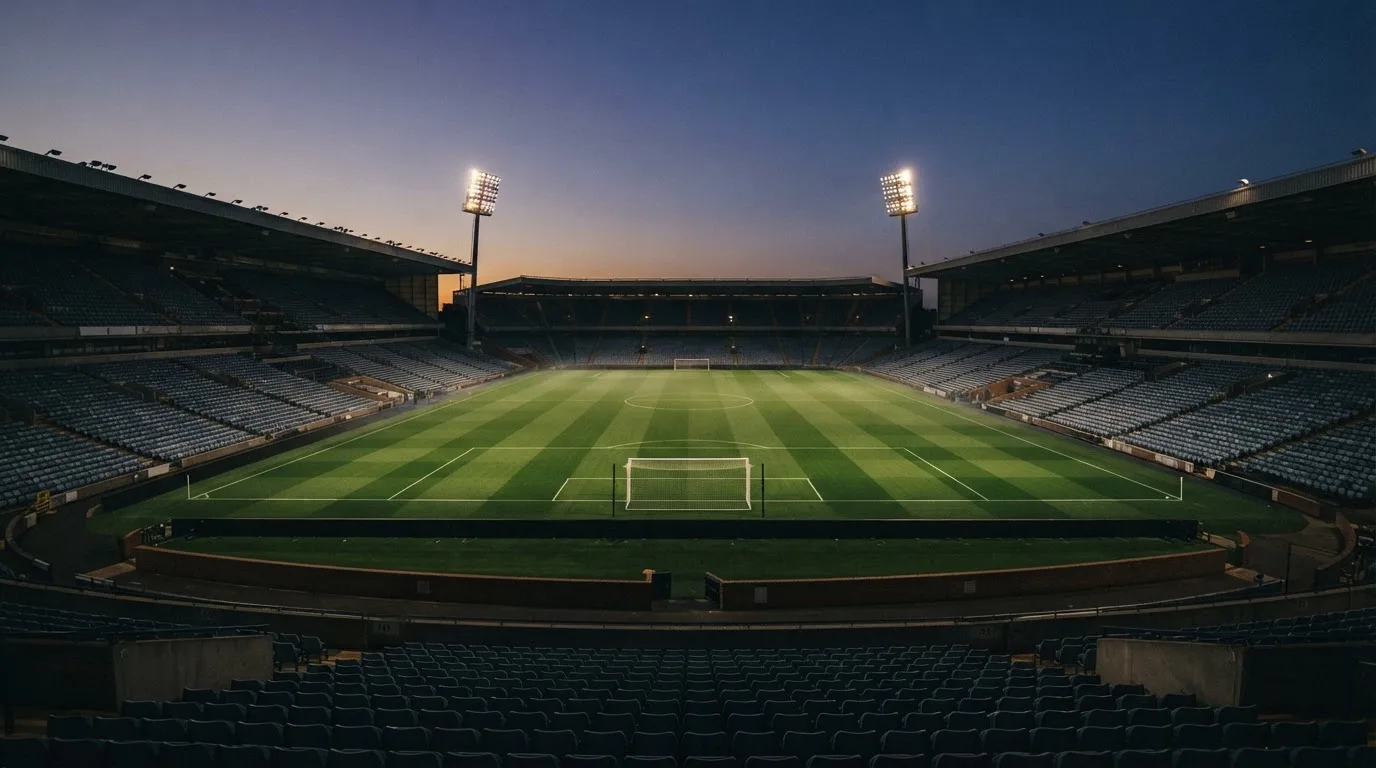 An empty football stadium with floodlight masts at dusk