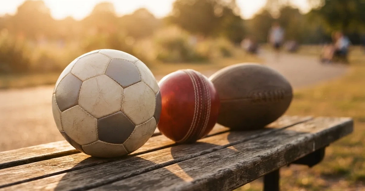 Three balls of different kinds side by side on a wooden bench