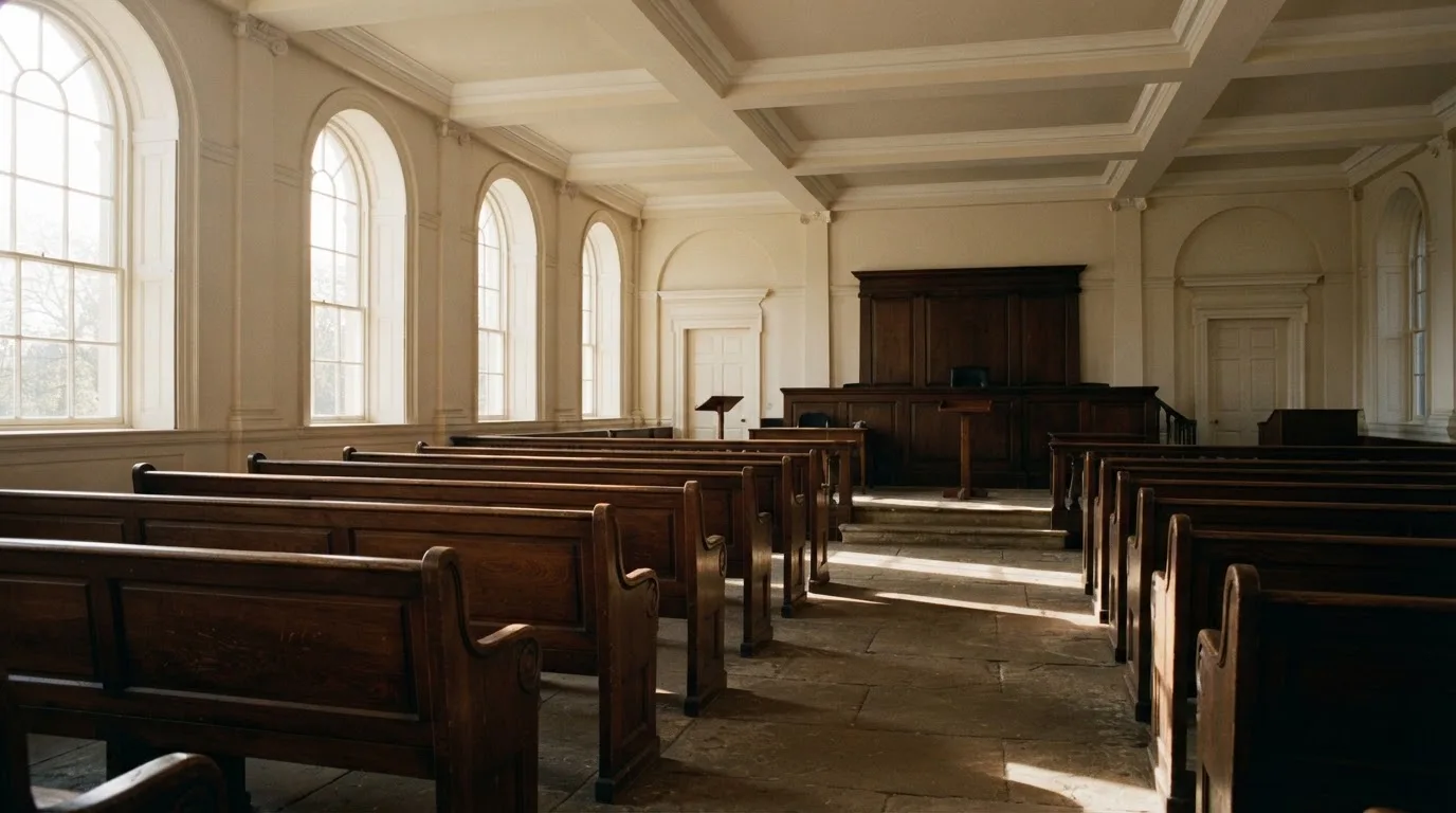 An empty courtroom with wooden benches in morning light