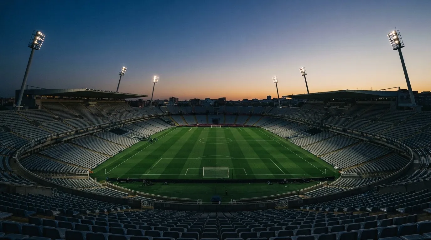 An empty football stadium with floodlight masts at dusk