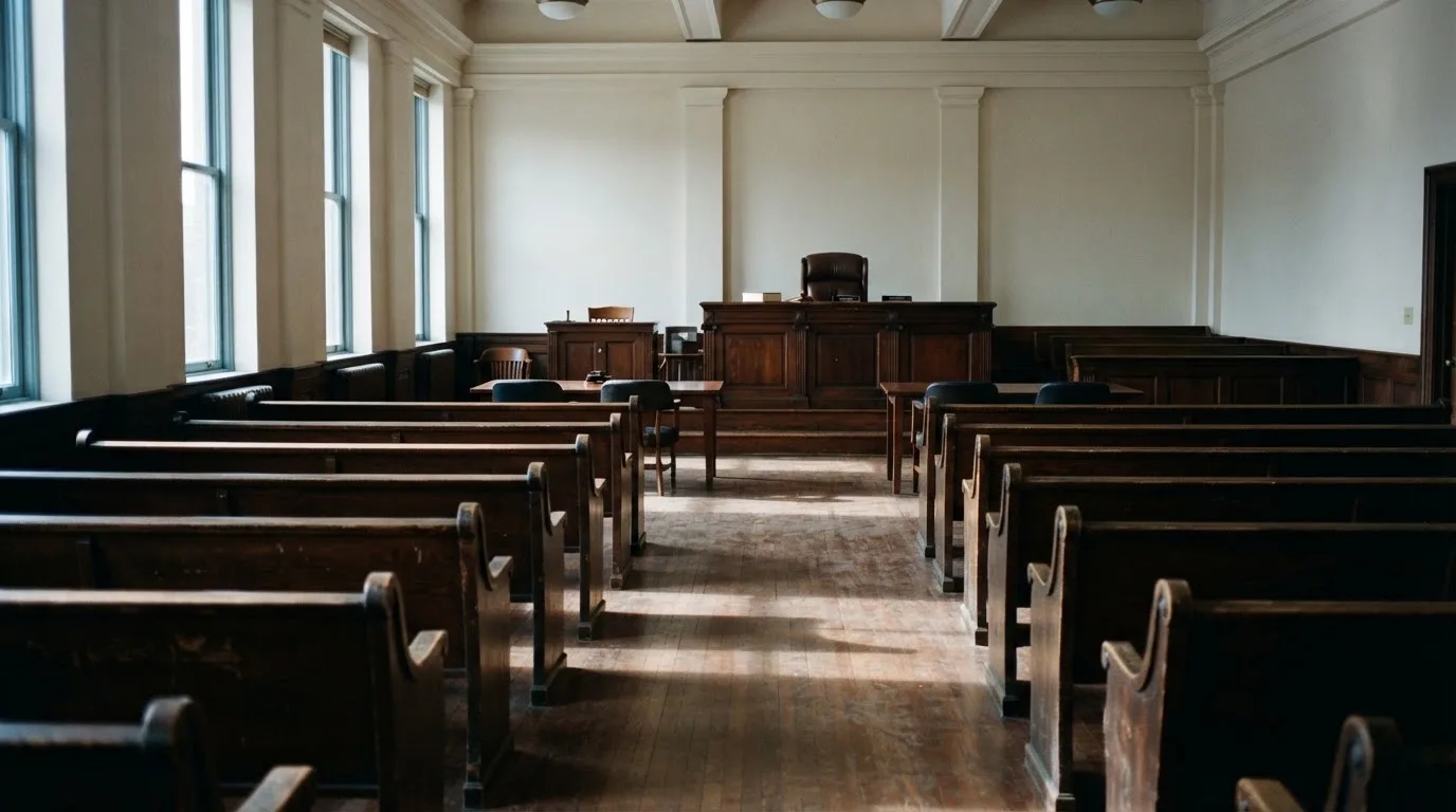 An empty courtroom with wooden benches in morning light