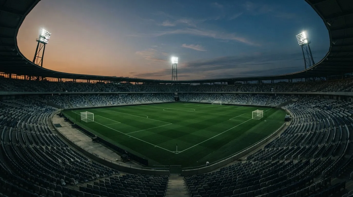 An empty football stadium with floodlight masts at dusk