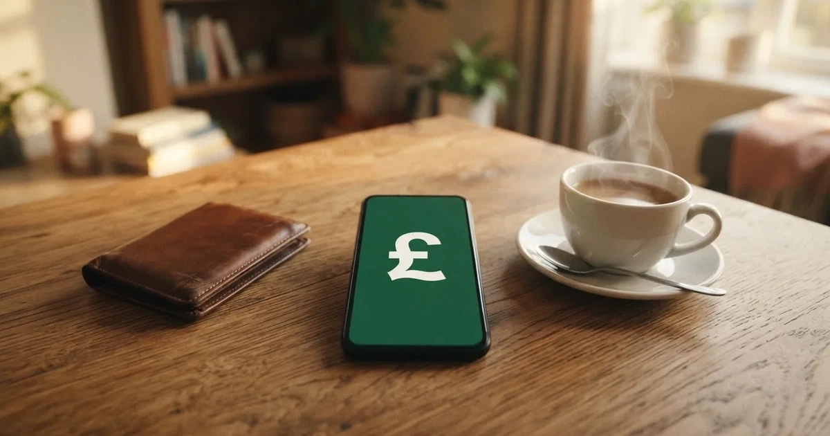 A smartphone on a wooden table beside a wallet and a coffee cup