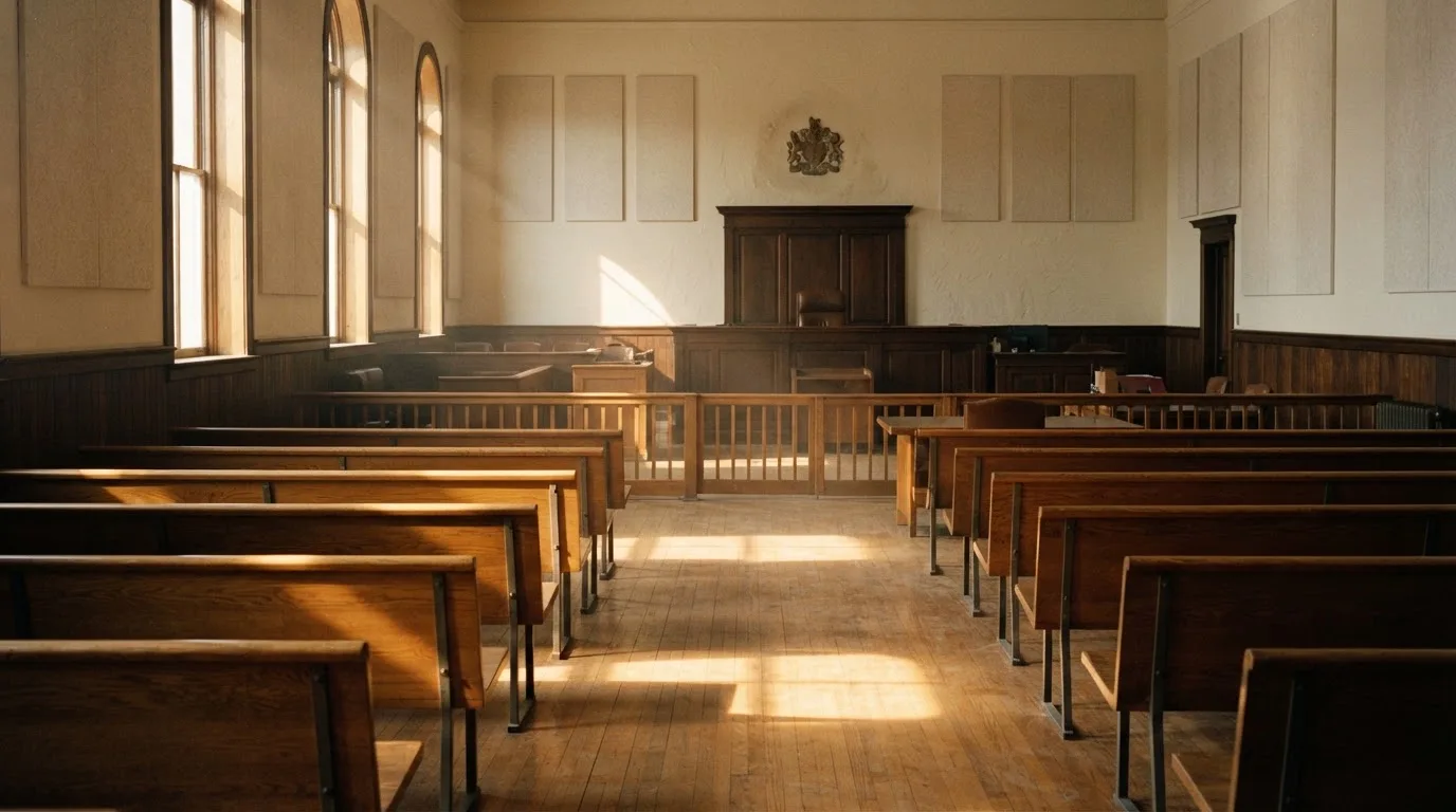 An empty courtroom with wooden benches in morning light