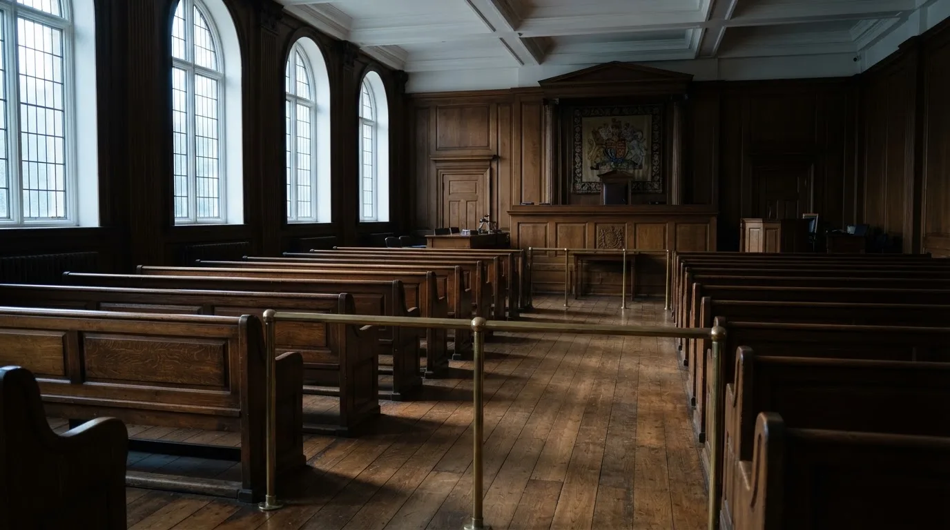 An empty courtroom with wooden benches in morning light