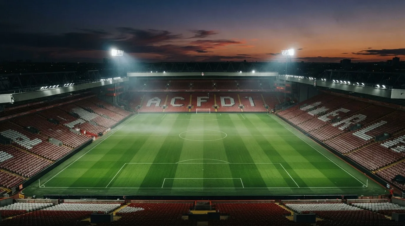 An empty football stadium with floodlight masts at dusk