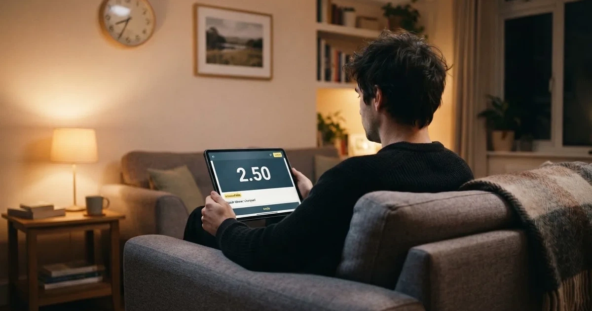 A person on a sofa looking thoughtfully at a tablet, a wall clock in the background