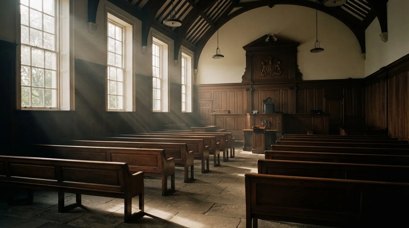 An empty courtroom with wooden benches in morning light