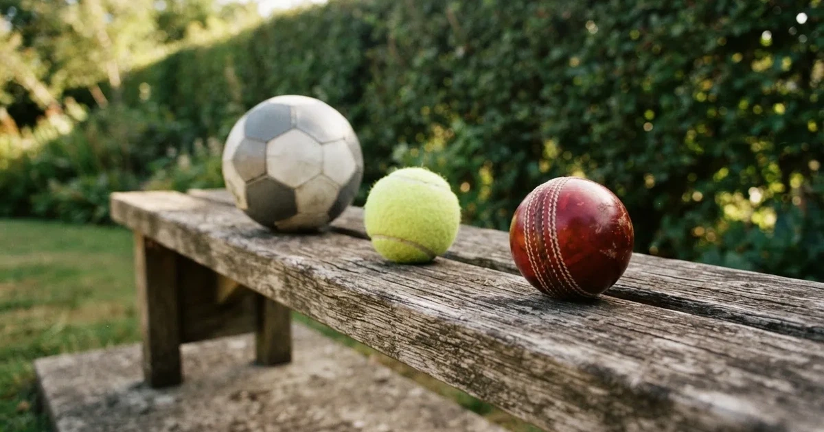 Three balls of different kinds side by side on a wooden bench