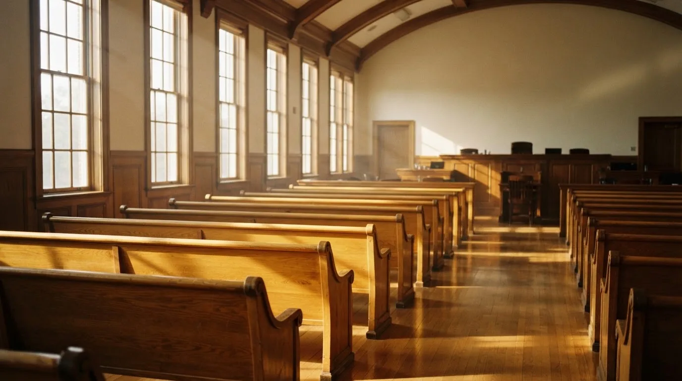 An empty courtroom with wooden benches in morning light