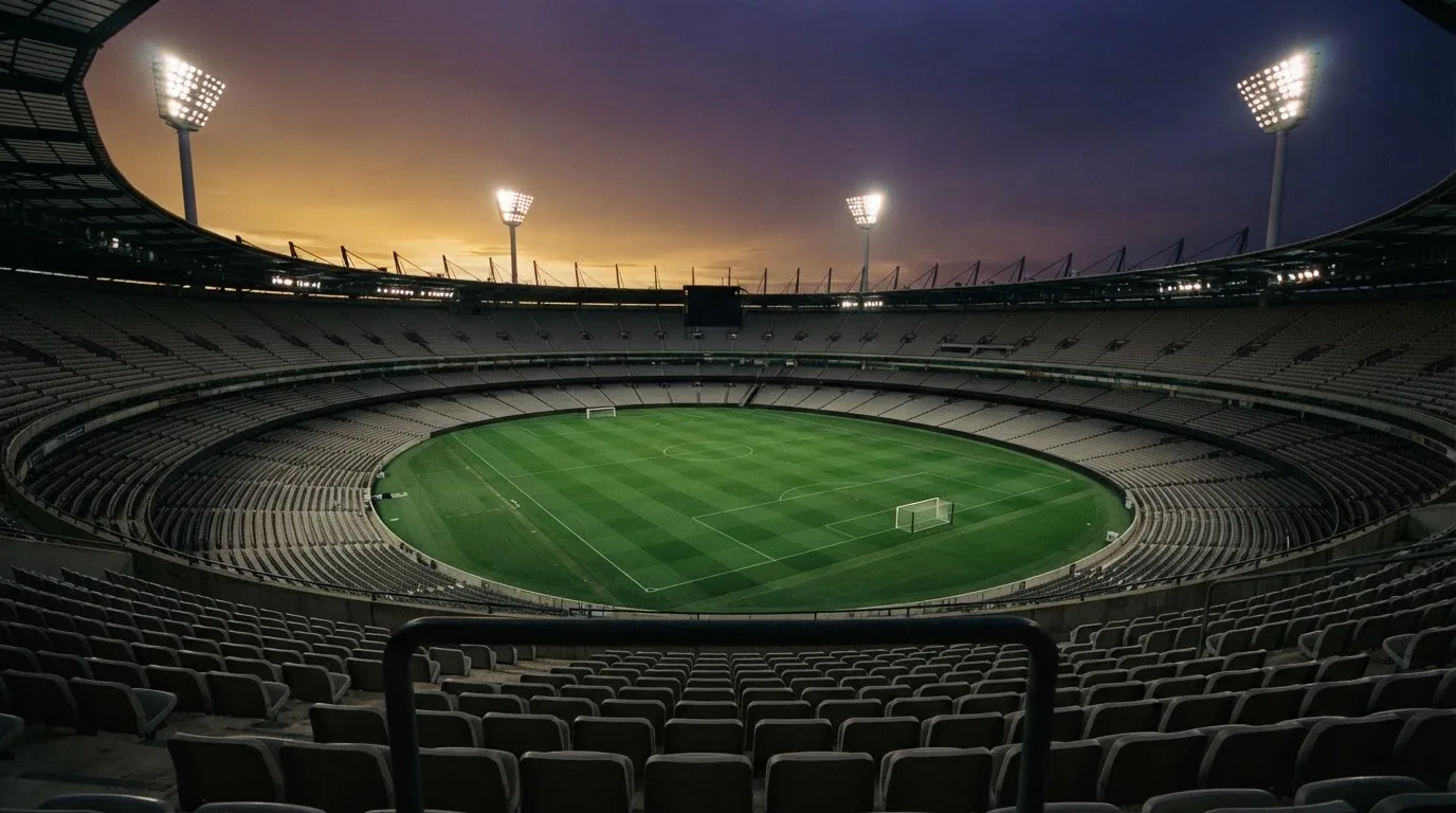 An empty football stadium with floodlight masts at dusk
