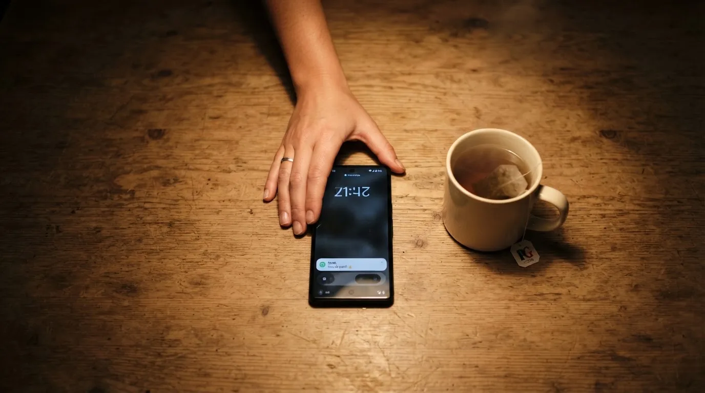 A hand setting a smartphone down beside a cup of tea on a kitchen table on a quiet evening