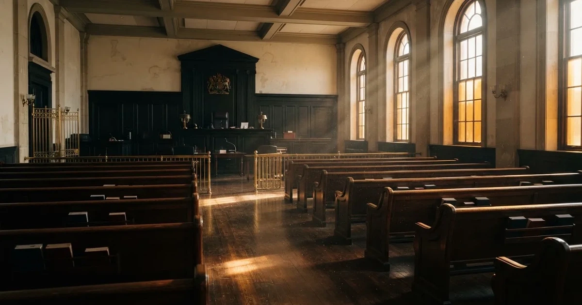 An empty courtroom with wooden benches in morning light