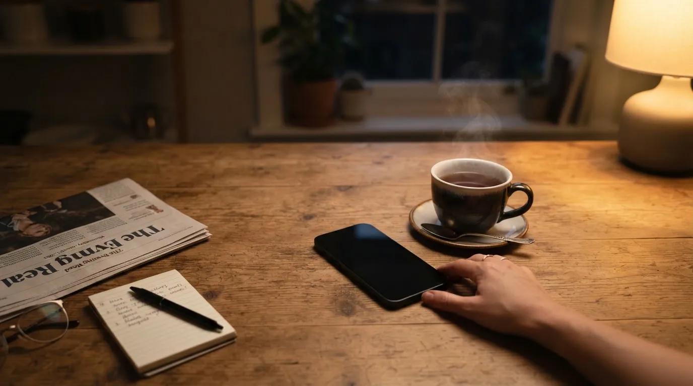 A hand setting a smartphone down beside a cup of tea on a kitchen table on a quiet evening