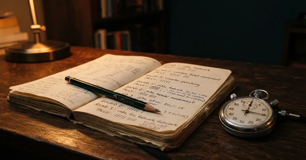An open notebook with a pencil and a stopwatch on a wooden table