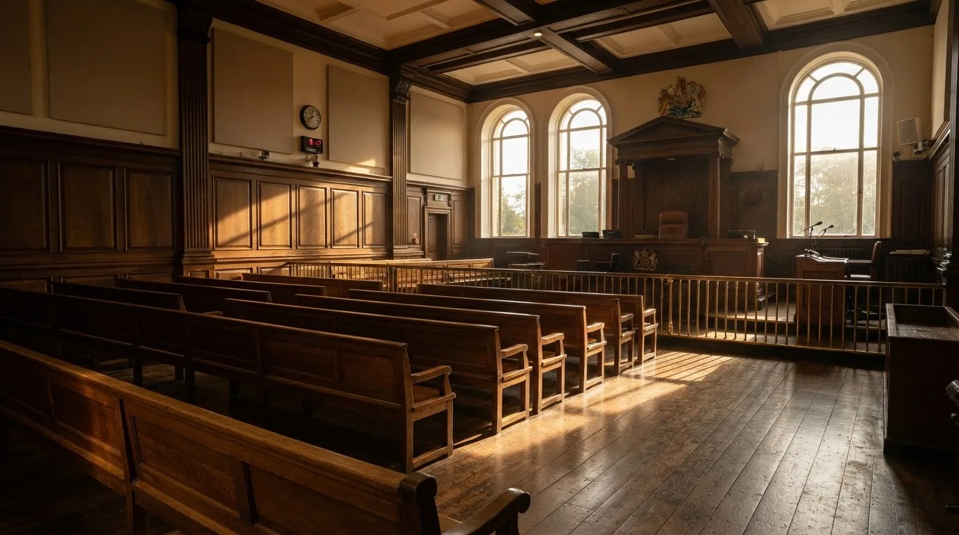 An empty courtroom with wooden benches in morning light
