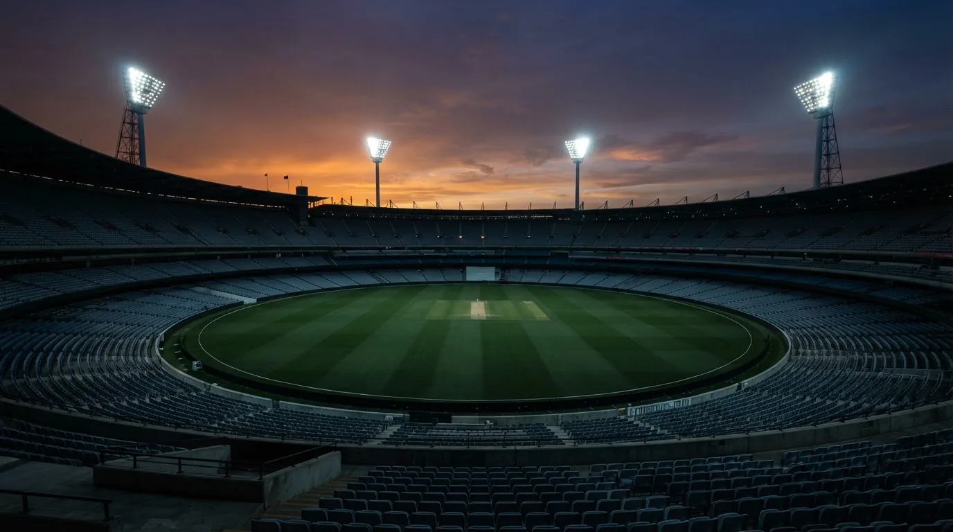 An empty football stadium with floodlight masts at dusk