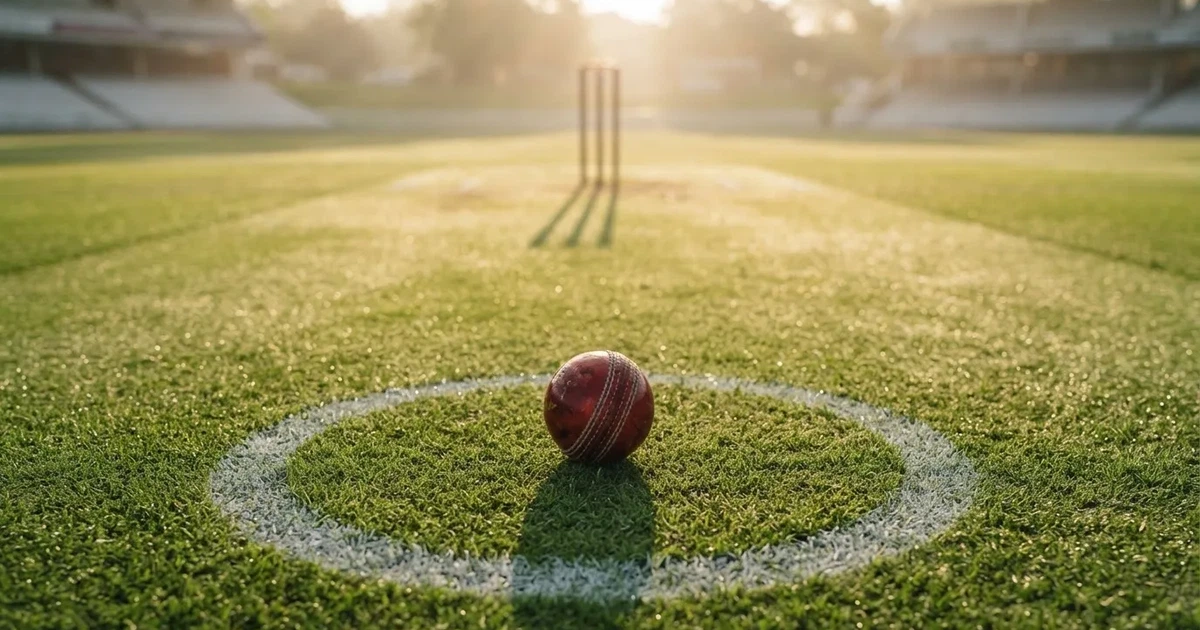 A ball on the centre spot of a grass pitch in morning light